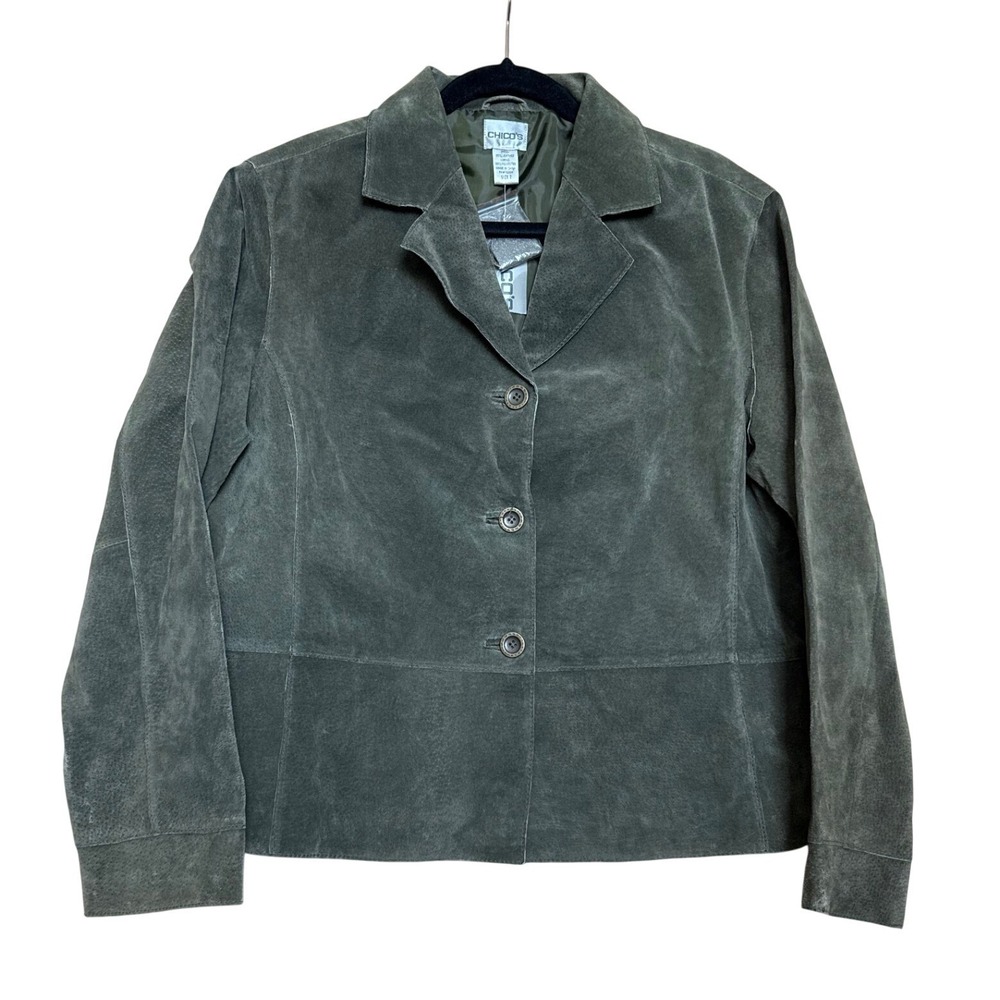 Chico's Palm Desert Olive Green Suede Leather Jacket Blazer Size 2 (L 12) NWT